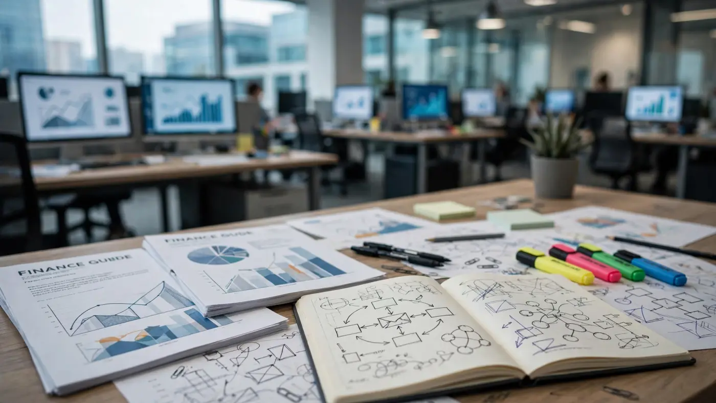 Materiales educativos de finanzas sobre un escritorio moderno