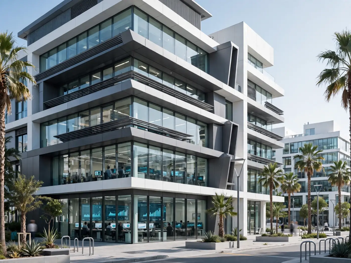 Edificio de oficinas moderno en Valencia con arquitectura contemporánea y palmeras