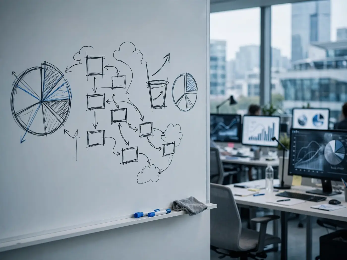Pizarra en una sala de formación con diagramas de presupuesto y ahorro