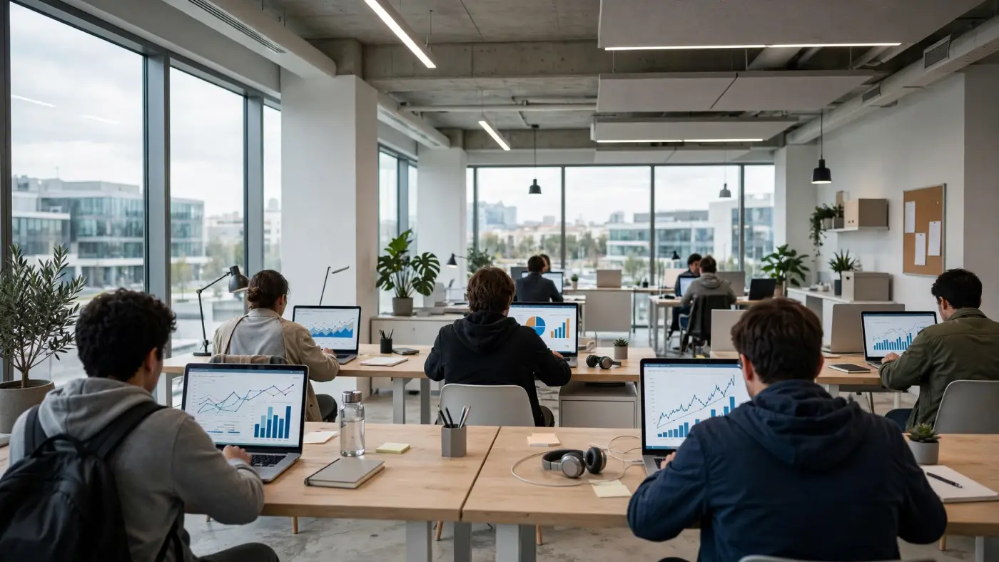 Espacio de coworking en España con personas estudiando en portátiles